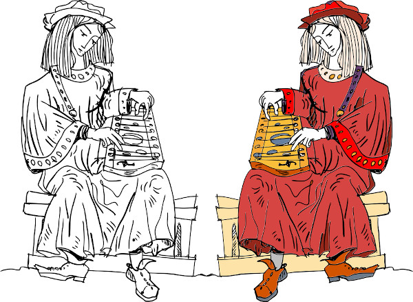 Ilustração de trovadores tocando instrumentos musicais, prática típica do Trovadorismo. Ilustração de trovadores tocando instrumentos musicais, prática típica do Trovadorismo.
