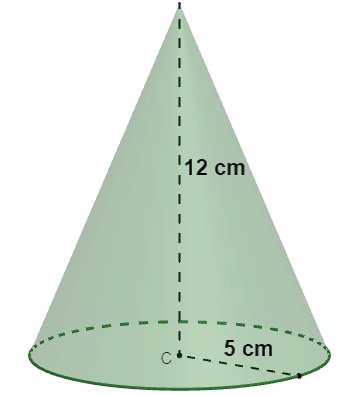 Cone com altura de 12 cm e raio de 5 cm.