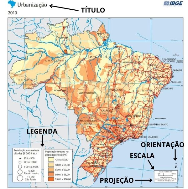 Identificação dos elementos de um mapa da urbanização do território brasileiro com dados do IBGE, de 2010.