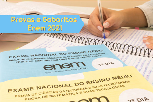Fundo folha de caderno, logo do Enem, texto Provas e Gabaritos